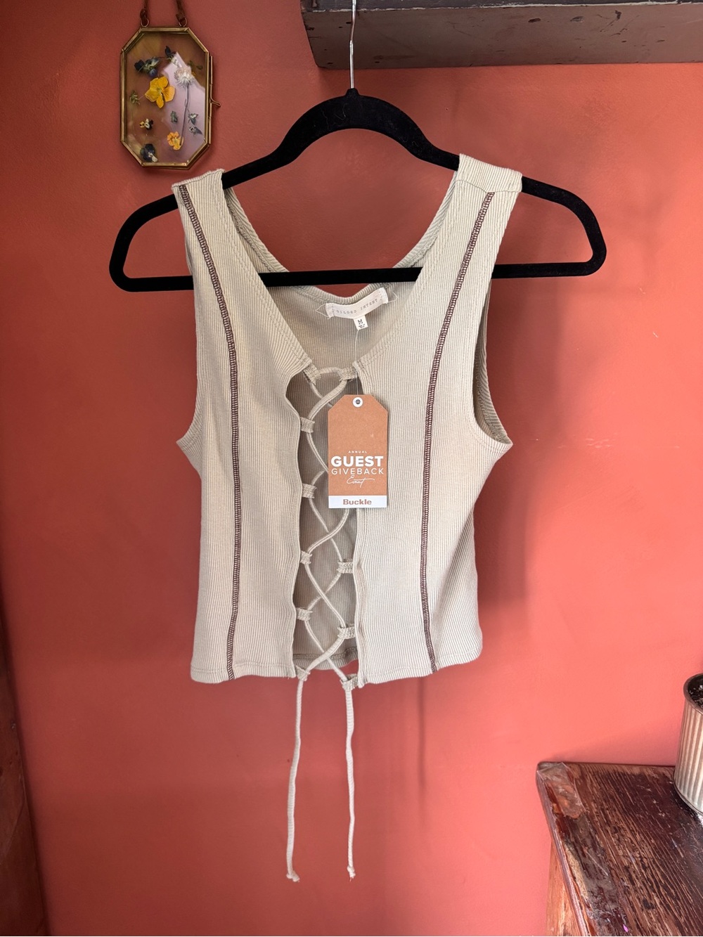 Buckle Cream Ribbed Lace-Up Tank with Brown Stripe Detail
